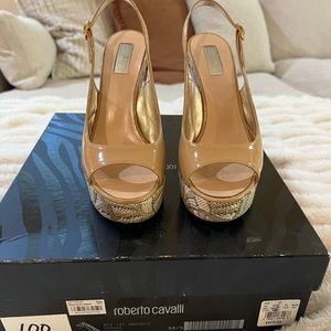 Roberto Cavalli nude embroidered heel wedge sandal